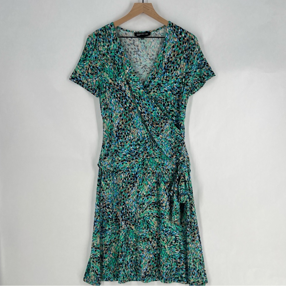 Jones New York Multicolored Teal Dot Patterned Faux Wrap Midi Dress Size 10